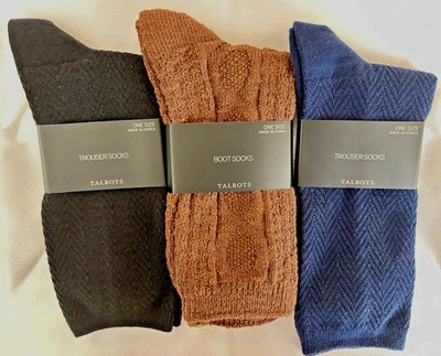 TALBOTS - CLASSIC TROUSER SOCKS IN PATTERNED NAVY, BLACK AND BROWN (3 PAIRS/NWT) - Image 1 of 2