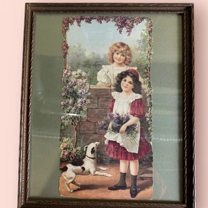 Victorian Die-Cut Lithograph Girls Dog Calendar Top Framed Art Moody Whimsygoth - Picture 1 of 3