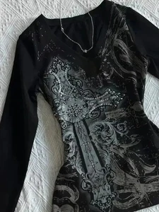 Y2K Gothic Crop Top Damen Langarm T-Shirt Punk Rock Vintage Streetwear - Bild 1 von 20