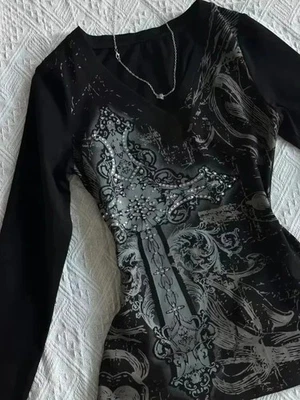 Y2K Gothic Crop Top Women Long Sleeve T-Shirt Punk Rock Vintage Streetwear - Image 1 of 4