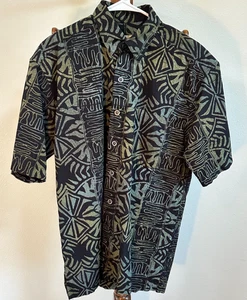Johari West Men’s Batik Hawaiian Shirt M Green Black Tribal Print 100% Cotton - Picture 1 of 8