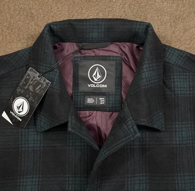 NWT VOLCOM Mens Green Navy Plaid Wool Blend Stone Lords Long Coat Jacket XL - Image 1 of 4