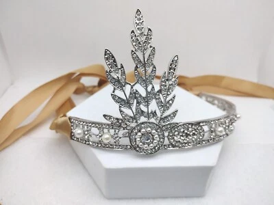 Silver Toned Rhinestone Leaf Faux Pearls Bling Ribbon Hairband Headband Bridal - Image 1 of 2