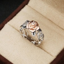 Exquisite Two Tone 925 Silver Floral Ring 14k Rose Gold Flower Wedding Jewelry