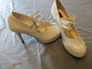 421-JANE WHITE SHOES 4" Heel Double Strap Mary Jane Large 9-10 Costume Diva - Picture 1 of 6