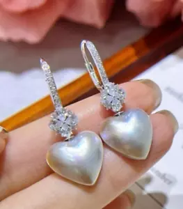 925 sterling silver natural 14 mm south sea white pearl earrings - Picture 1 of 5