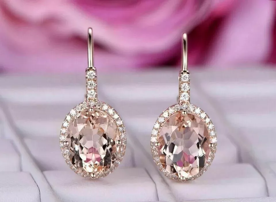 4.00 Ct Oval Cut Morganite Lab-Created Dangle-Drop Earrings 14K Rose Gold Plated - Image 1 of 4
