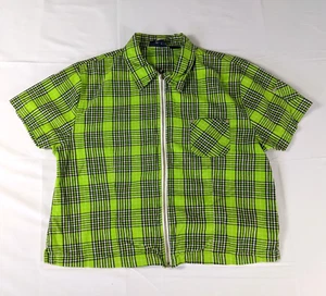 VTG Quizz New York Full Zip Shirt XL Juniors Short Sleeve Plaid Green Y2K - Picture 1 of 7