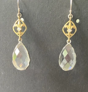 Silpada Designs Fleur de Lis  Raindrop Earrings 925 Silver Brass CZ Dangle W2374 - Picture 1 of 7