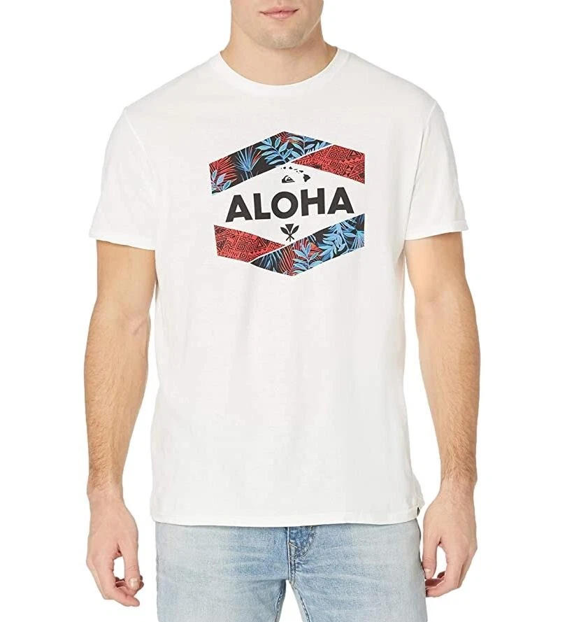 Men’s Sz L Quiksilver SS Aloha Graphic Logo T-shirt. White/Red/Blue/Black