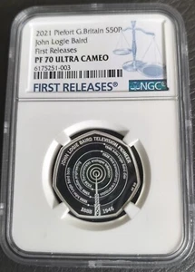 NGC PF70 Great Britain UK 2021 John Logie Baird Piefort Silver Coin 50 Pence - Picture 1 of 2