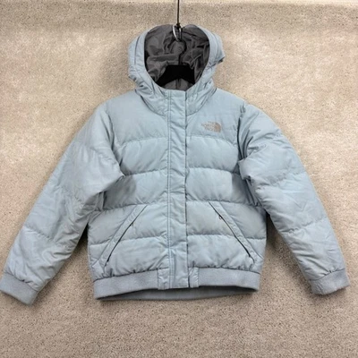 The North Face Down Puffer Jacket Girls Size Medium Blue Hooded Pockets - Image 1 of 4