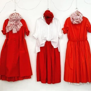 MANUELLE GUIBAL rotes Popeline Pop Over Kleid mit Tunnelzug Taille S - Bild 1 von 10