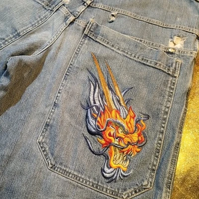 Vintage JNCO Jeans Blue Colorful Dragon Double Pocket Shorts RARE Size 36 - Image 1 of 4