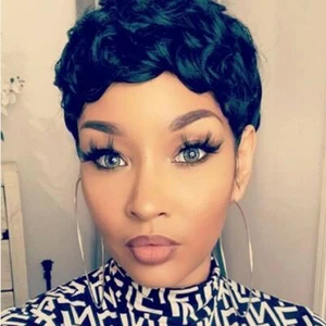 Women Real Human Hair Wig Short Curly Wig Pixie Cut None Lace Wig Glueless Black - Picture 1 of 10