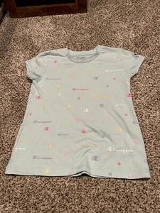 Champion Girls Youth Medium (M) Teal Logo All Over Print Short Sleeve T-Shirt - Picture 1 of 4