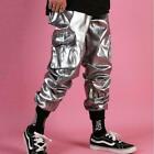 Multi-pocket Hip Hop Mens Casual Glossy Silver Pants Long Trousers New Sz M-3XL