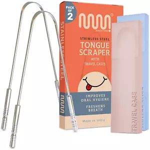 Tongue Scraper for Adults with Multicolor Travel Cases (2 Pack), 100% Stainless - Picture 1 of 11