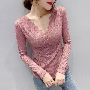 Ladies Lace Mesh Shirt Top Floral Blouse T-shirt Hollowed Basic Office Casual - Picture 1 of 16