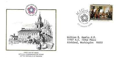 RWANDA 1976 FIRST DAY COVER AMERICAN BICENTENNIAL ART PAINTING - Image 1 of 2