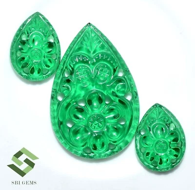 Emerald Color Nano Handmade Carving 3 Pcs Set 30x20 mm & 15x11 mm Loose Gems - Image 1 of 4