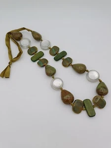 Statement Modern Heavy Bohemian Clear Glass & Green Ceramic Beaded Ribbon... - Picture 1 of 17