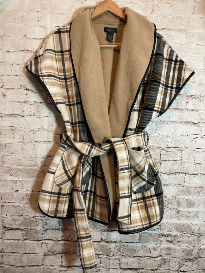 Chaqueta Rachel Roy Mujer Mediana Marrón A Cuadros Cinturón Corbata Cintura Poncho Bolsillos Foto 1 de 4