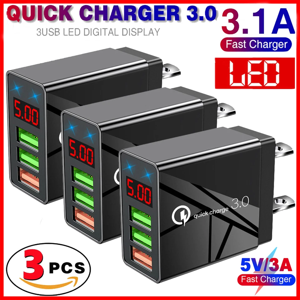 3x 3 Port USB Home Wall Fast Charger for Cell Phone iPhone Samsung Android Black