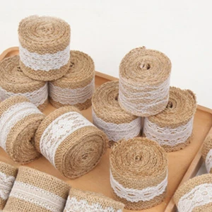 Vintage Jute Burlap Natural Hessian Ribbon With Lace Trim Edge Wedding Rustic  - Picture 1 of 50