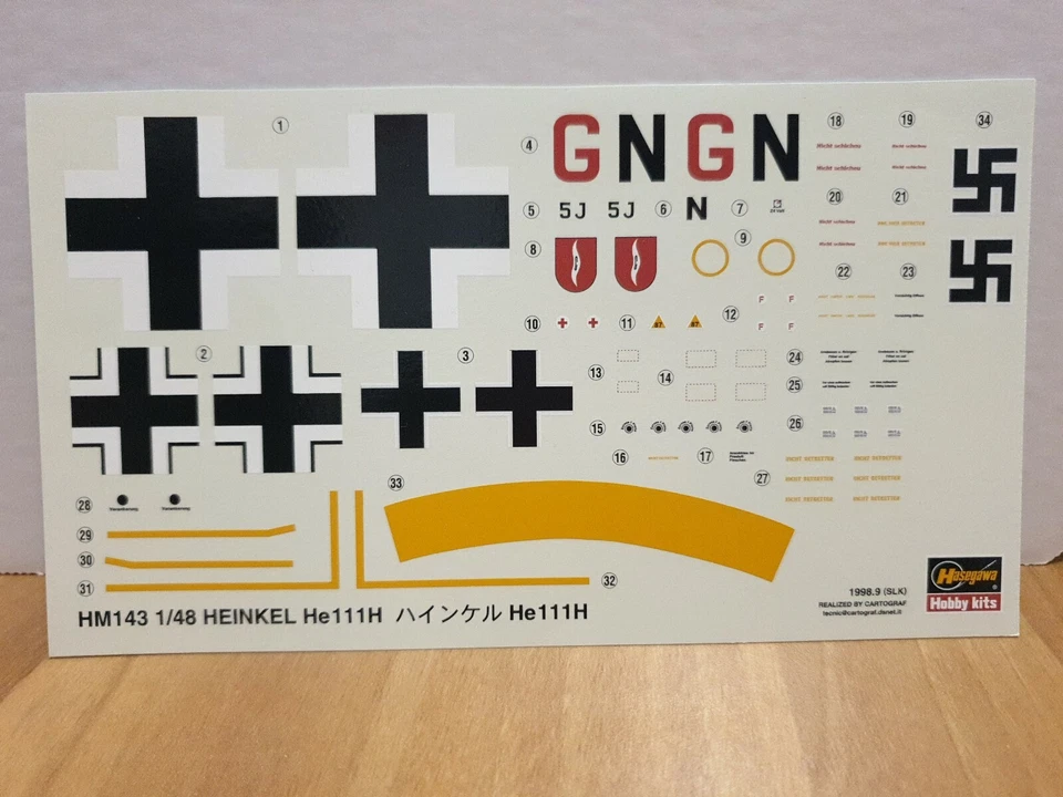 Decal Aereo Hasegawa scala 1/48 hm143 heinkel he111h - Photo 1/1