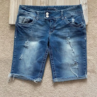 Amethyst Jeans Juniors 9 Distressed Cuffed Bermuda Short Rhinestones EmbroiderNM - Image 1 of 4