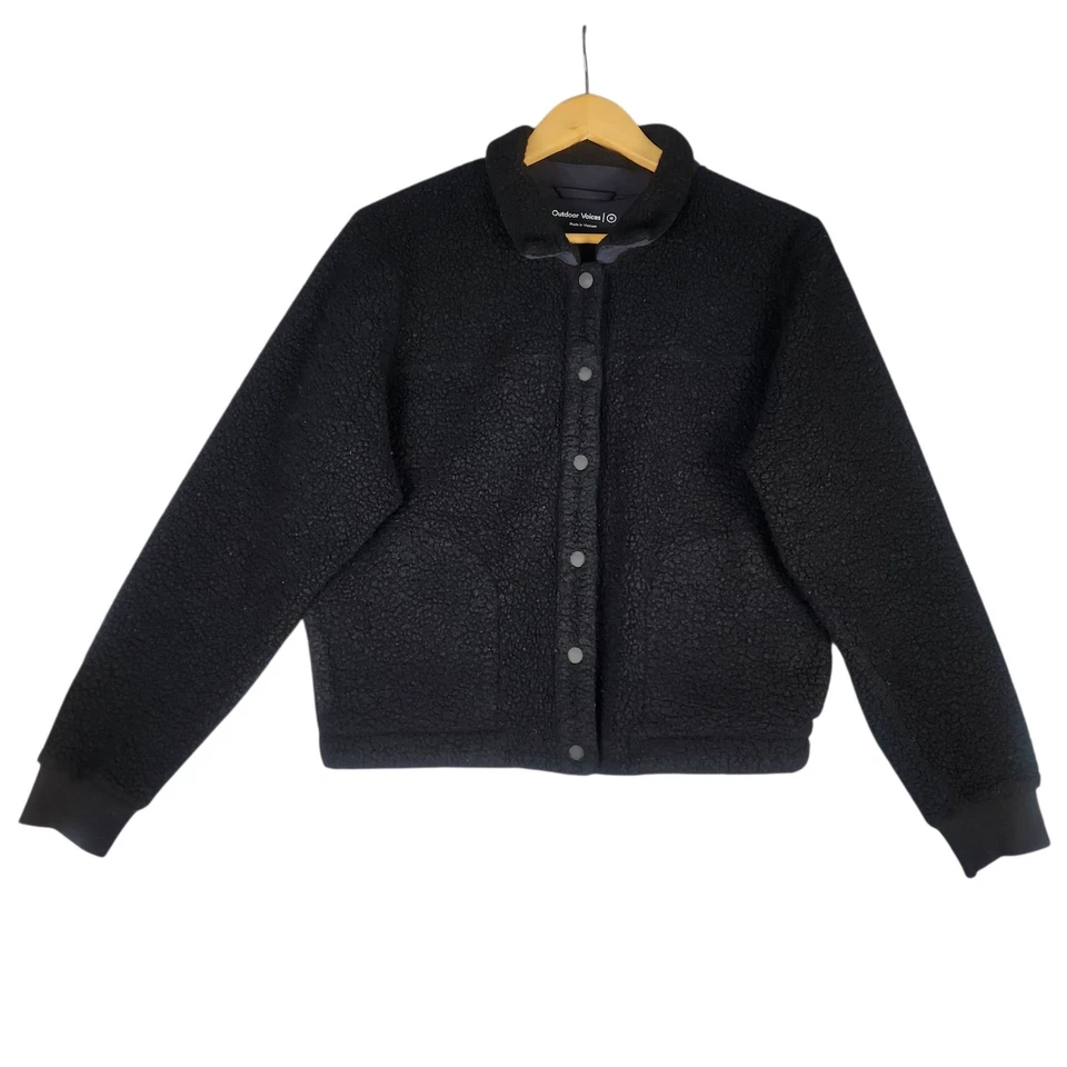 Outdoor Voices Mega Fleece Bomber Jacket Women's M Black Wool Sherpa Button Up - Image 1 of 4