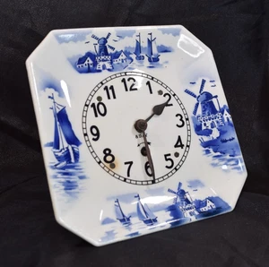 Delft Plate 8 Day Wall Clock Germany Blue & White Square Porcelain - Picture 1 of 7