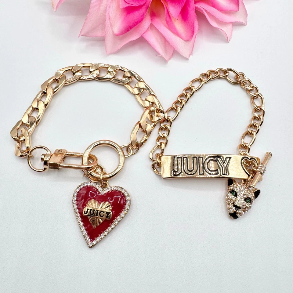 Juicy Couture Dije Pulseras Cadena Corazón Joyas León Tono Dorado Conjunto De Dos Foto 1 de 4
