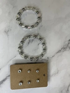 Juego de aretes y pulseras con cuentas hechas a mano cuentas facetadas transparentes y plata - Imagen 1 de 9