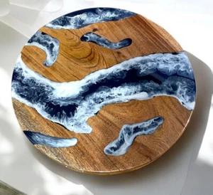 Round Epoxy Resin & Wood Table Top Custom Order Blue River Farmhouse Furniture - Picture 1 of 10