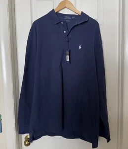 Ralph Lauren Men’s XXL Custom Slim-Fit Long Sleeve Navy Mesh Cotton Polo Shirt - Picture 1 of 13