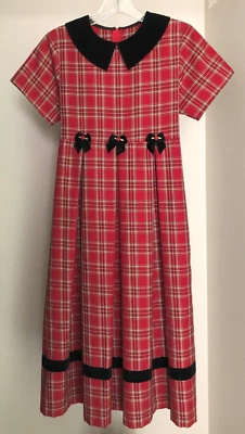 Vintage Bonnie Jean RED TARTAN PLAID DRESS Girls 16 Velvet Trim/Collar/Bows - Image 1 of 4