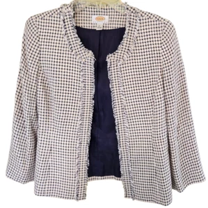Talbots Petites Houndstooth Blazer Size 6 Navy & Cream W/ Fringe Detail - Picture 1 of 8