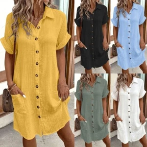 Hot! Damen Kurzarm Shirts Kleid Frauen Knopf Freizeit Sommer Strand Sommerkleid - Bild 1 von 29