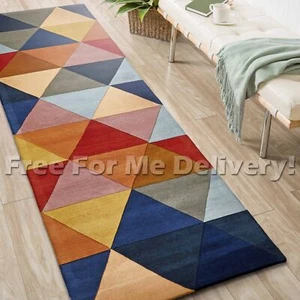 MATA HANDMADE WOOL GEOMETRIC MODERN FLOOR RUG RUNNER 80x400cm **FREE DELIVERY** - Picture 1 of 5