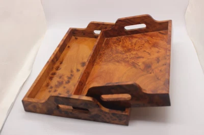 Set of 2 Moroccan Thuya Wood Trays, Handcrafted Wooden Serving Tray, Large Woode - Image 1 of 4
