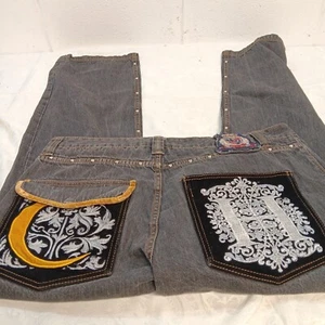 Crown Holder Jeans Mens 38x31 Blue Embroidered Dark Wash Denim Hip Hop Y2K W6 - Picture 1 of 10