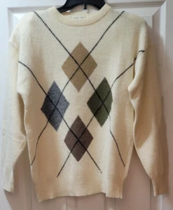 Rafaella Sweater Men's Medium Cream Brown Lambs Wool Blend Ribbed Hem - Picture 1 of 6