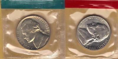 1980-P&D UNCIRCULATED BU JEFFERSON NICKELS IN MINT SET CELLO (2 coins) - Image 1 of 2