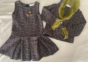 GREGGY GIRL Sz 7 Wool Blend Tweed Boutique Dress & Faux FUR BLAZER 2PC SET - Picture 1 of 18