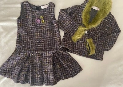 GREGGY GIRL Sz 7 Wool Blend Tweed Boutique Dress & Faux FUR BLAZER 2PC SET euc - Image 1 of 4
