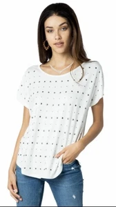 Vocal Womens Loose Studded Scoop Neck Short Sleeve Top, Off White - Picture 1 of 3