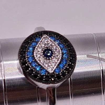 Anillo redondo de plata de ley 925 enchapado en rodio mal de ojo negro azul circonita cúbica transparente  Foto 1 de 4