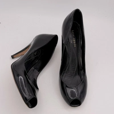 Kate Spade - women’s black patent leather pumps open toe heeled shoes size 7.5 - Image 1 of 4